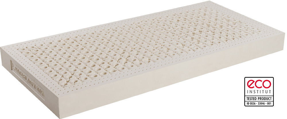 Die einzigartige Matratze AIR besteht aus 100 % Naturlatex. Die großen durchgehenden Luftschleusen sorgen für permanente Luftzirkulation. AIR Naturlatexmatratze
